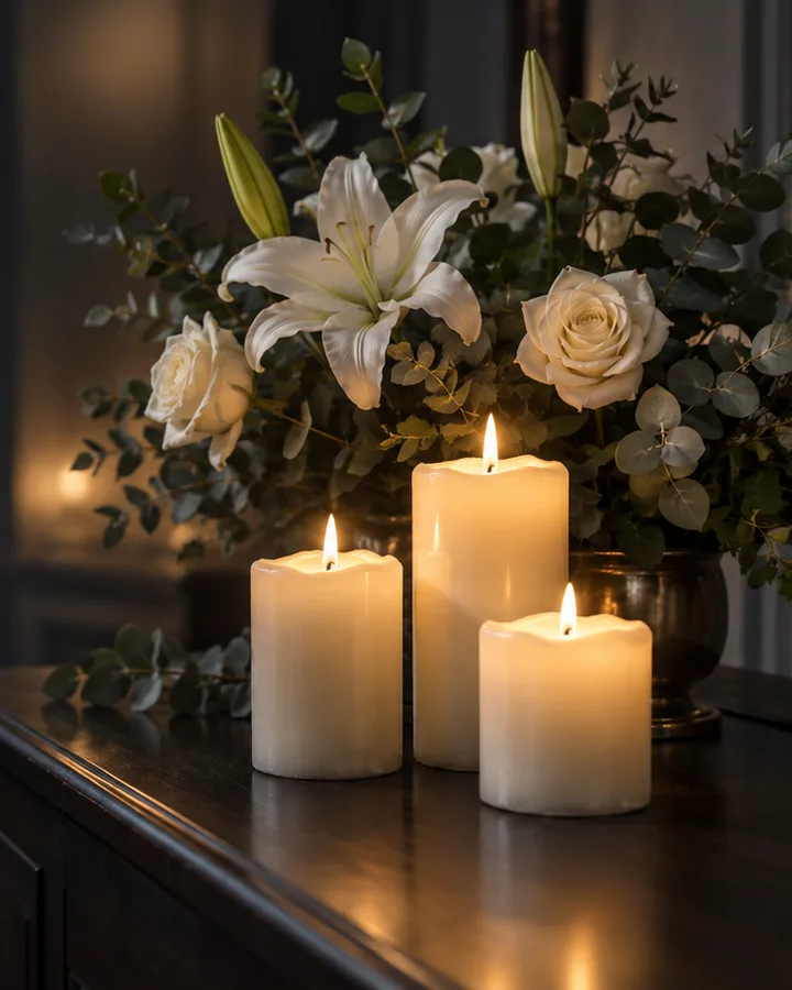Tres velas encendidas junto a un arreglo de lirios y rosas blancas